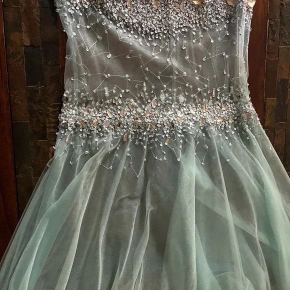 Terani Couture Strapless Beaded Dress in Cream and Green - Picture 8 of 9